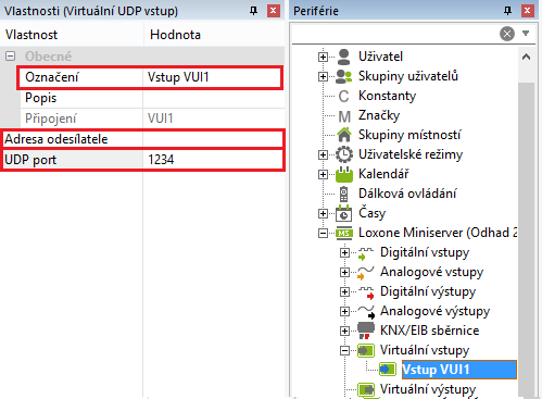 konfigurace Virtuální UDP vstup vlastnosti