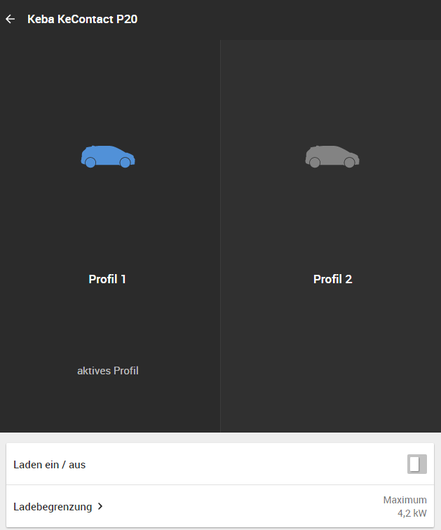 profily pro různá auta Keba Wallbox Loxone Miniserver