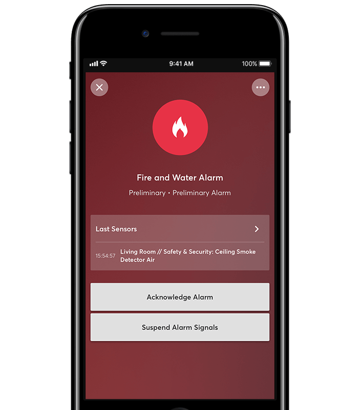 aplikace ukazuje notifikaci požárního poplachu