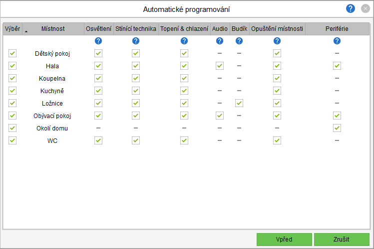 Výběr místností v programu Loxone Config