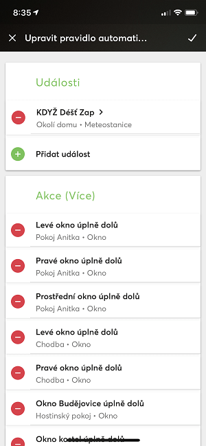 Designér automatiky v Loxone App, automatické uzavření oken při dešti