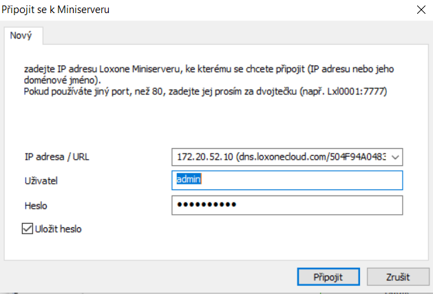 Okno připojení k miniserveru