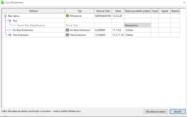 Okno statusu zařízení připojených k Miniserveru