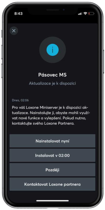 Okno aplikace Loxone - Aktualizace Miniserveru