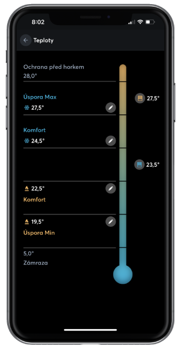 Volba různých teplot v App