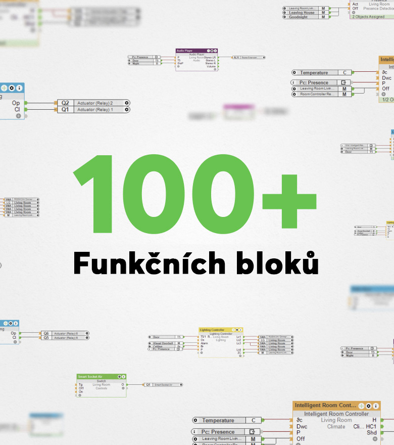 Funkční bloky a nápis 100+ funkcí