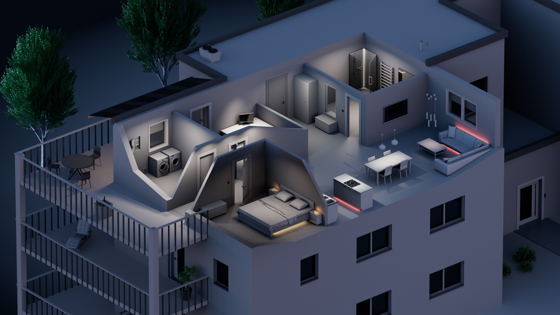 Na tomto obrázku je vidět náhled do bytové jednotky. Je zde náhled do jednotlivých pokojů a jejich vybavení a osvětlení.