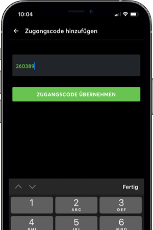 iPhone Rendering mit Screenshot der Eingabe eines Zugangscodes in der Loxone App für die Vergabe von Zutrittsrechten