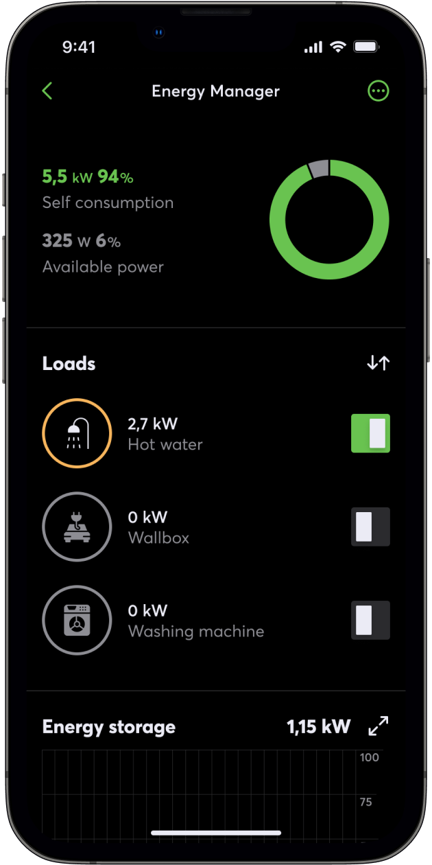 Telefon s aplikací Loxone, zobrazuje různá nastavení a statistiky Energetického managera