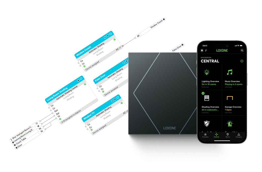 Group 3923 Ein Screenshot der Beschattungssteuerung in der Loxone App, ein Loxone Touch Pure in Anthrazit und Bausteine zur intelligenten Beschatttungssteuerung in der Loxone Config.