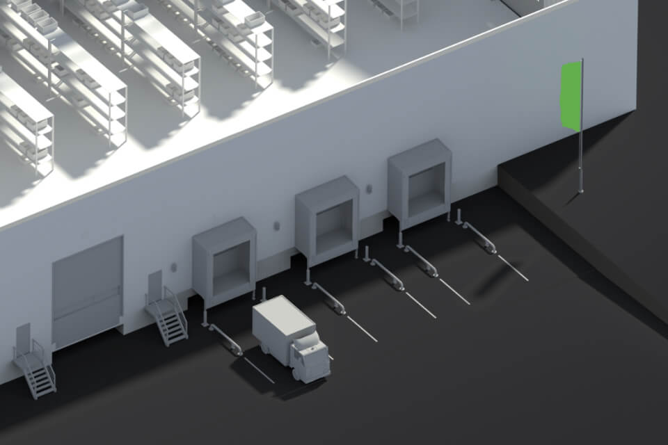 Loxone- Loading bay graphic Garážová vrata i expediční rampy lze zapojit do stejného systému, jako ostatní přístupy a dveře v budově.
