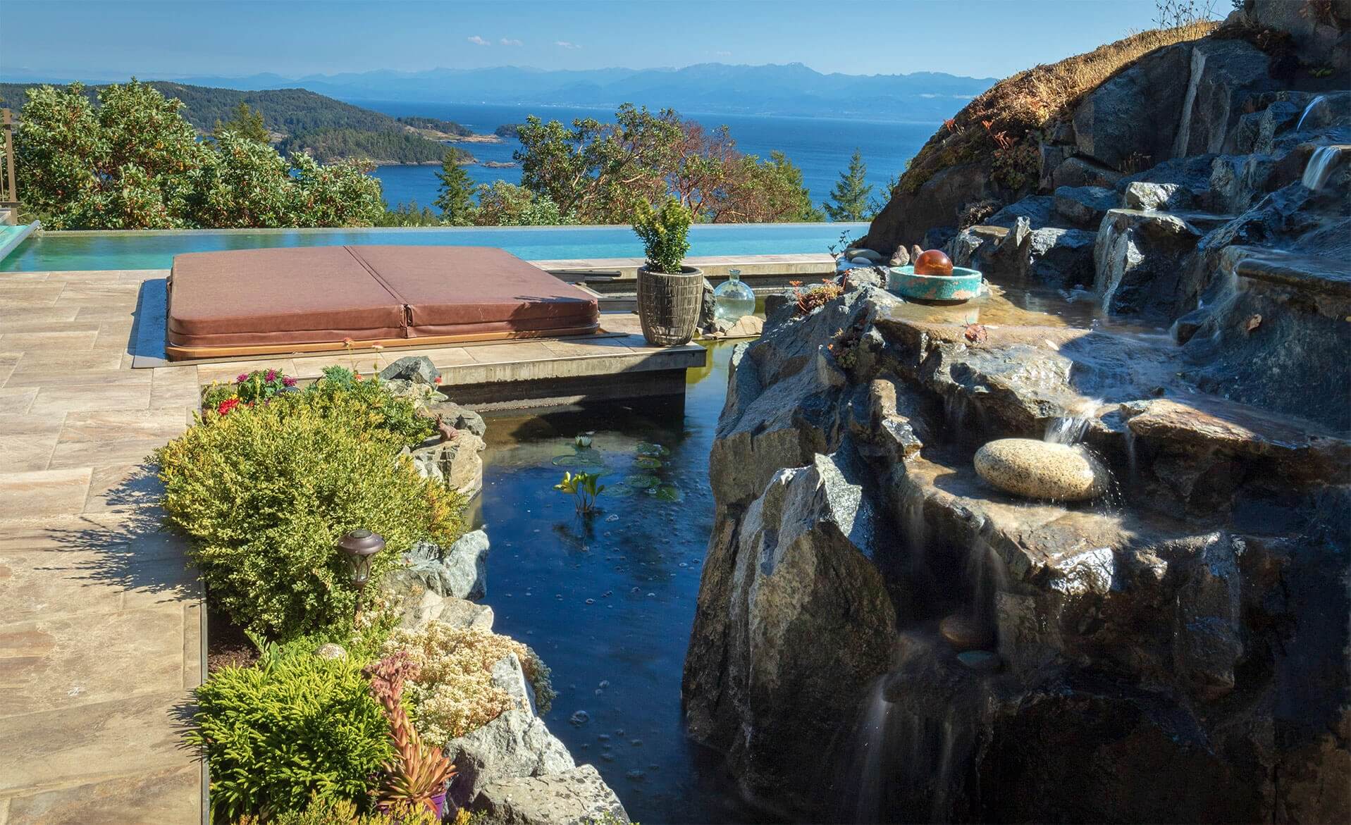 Pool, hot tub and pond with waterfall automated by Loxone