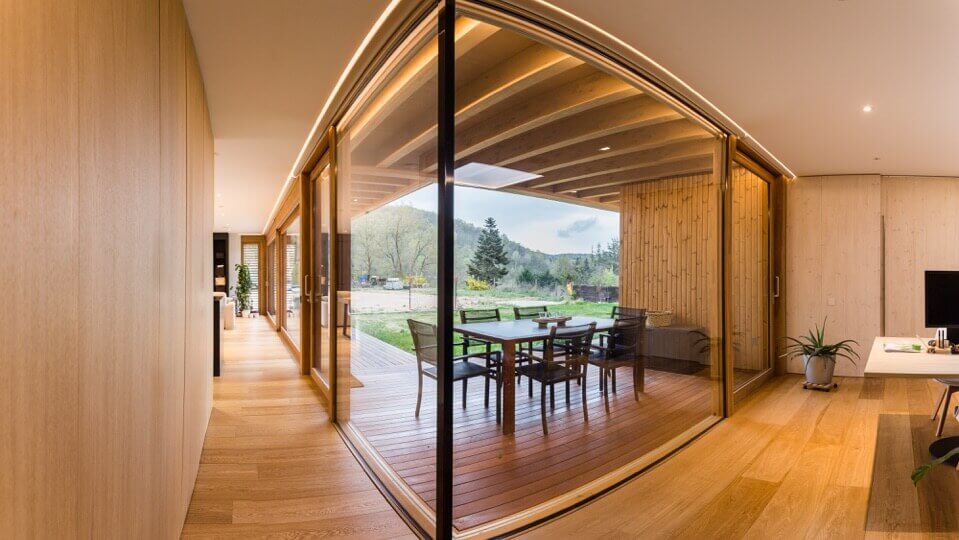 Modern house interior with glass walls and LED Strip lighting