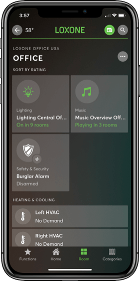 Smartphone displaying Loxone app Office settings