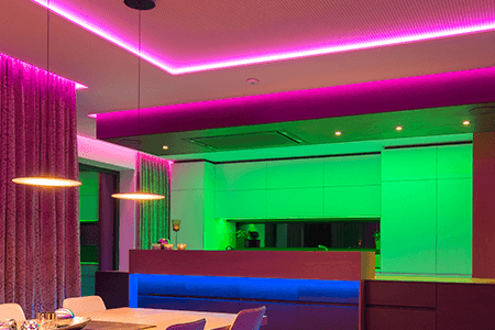 In this home, indirect lighting with LED strips was used in the lighting design