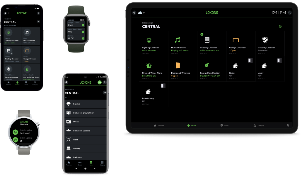 Smartphones, smart watches and tablets showing different screens from the Loxone App