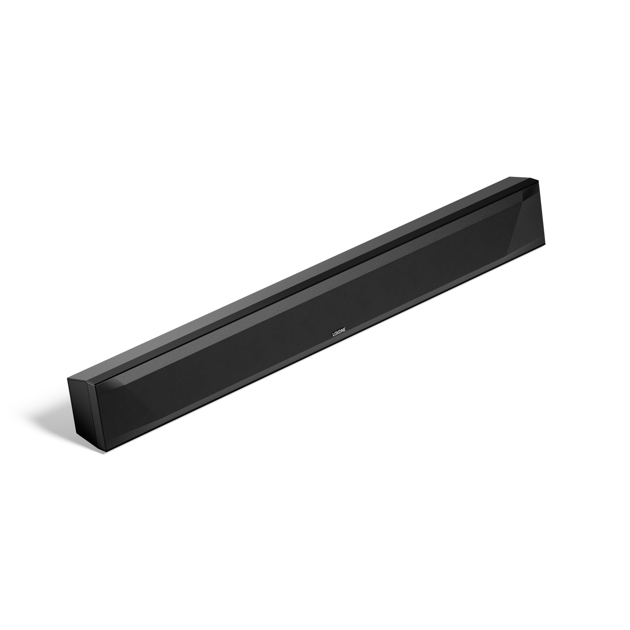 Close-up detail of the LOXONE Soundbar's fabric front and housing