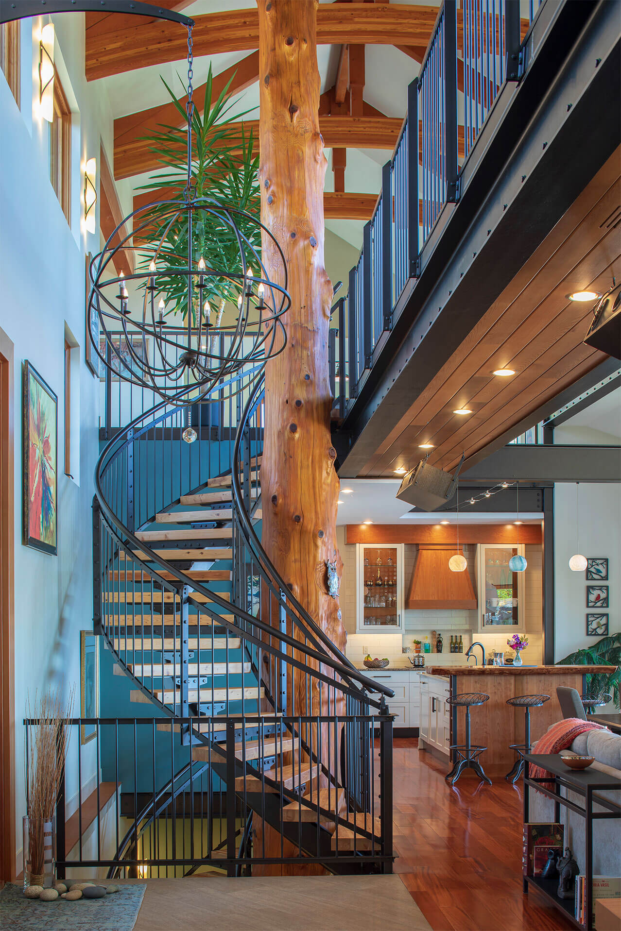 Spiraling staircase around reclaimed tree with lighting fixtures
