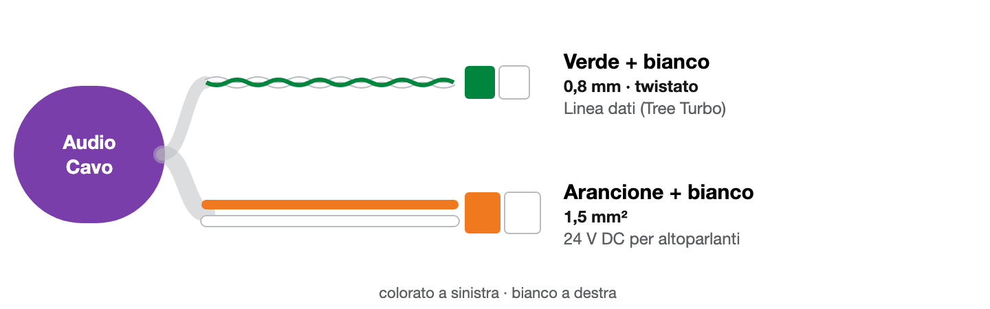 Conduttori del cavo Audio: verde/bianco come coppia twistata da 0,8 mm per i dati, arancione/bianco da 1,5 mm² per l’alimentazione. Colore su colore, conduttore colorato a sinistra, bianco a destra.