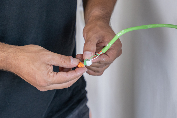 Installatore che collega i conduttori di un cavo Tree Loxone verde