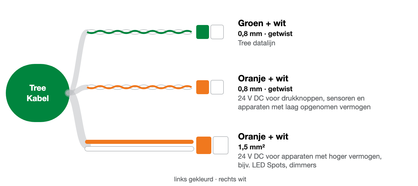 Aders van de Tree kabel: groen/wit en oranje/wit als getwiste paren van 0,8 mm, plus oranje en wit van 1,5 mm². Kleur op kleur, de gekleurde ader links, de witte rechts.