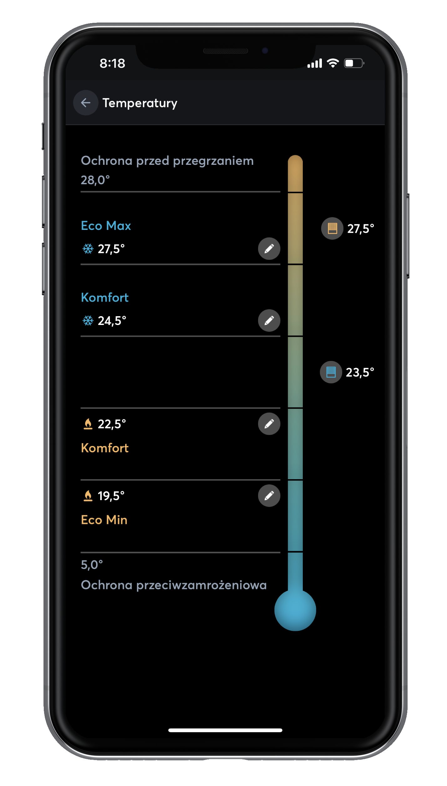 Temperatury w aplikacji Loxone