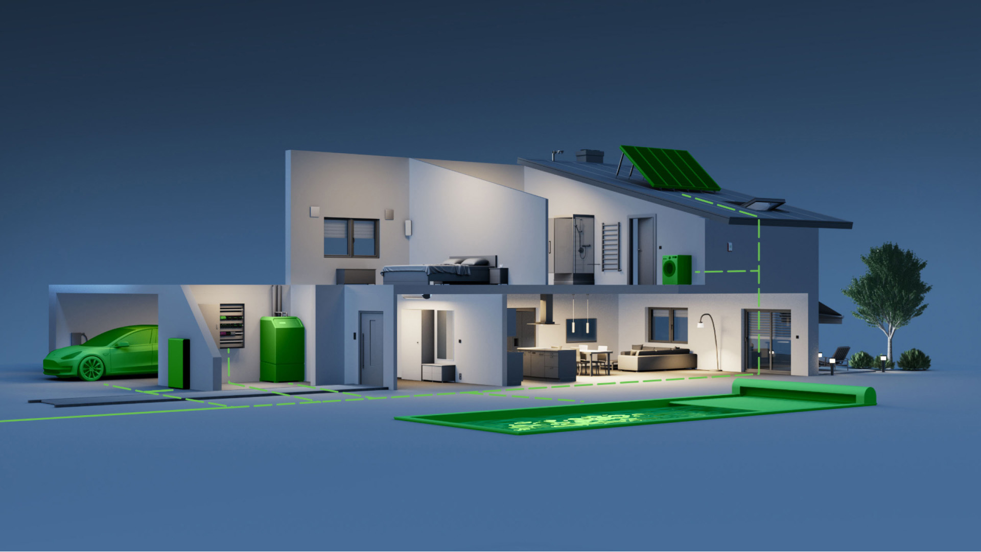 Wizualizacja domu, na której widać integrację z systemem zarządzania energią.