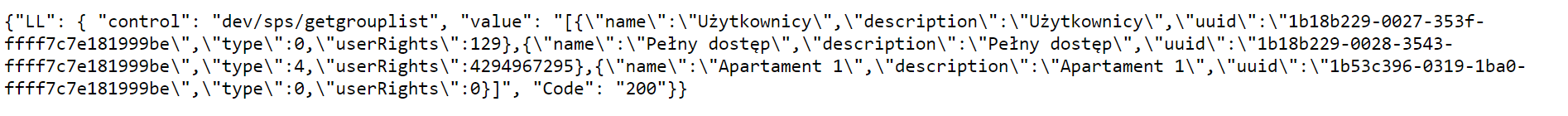 zwrotka API wraz z kodami UUID. Integracja Loxone z Hotres.