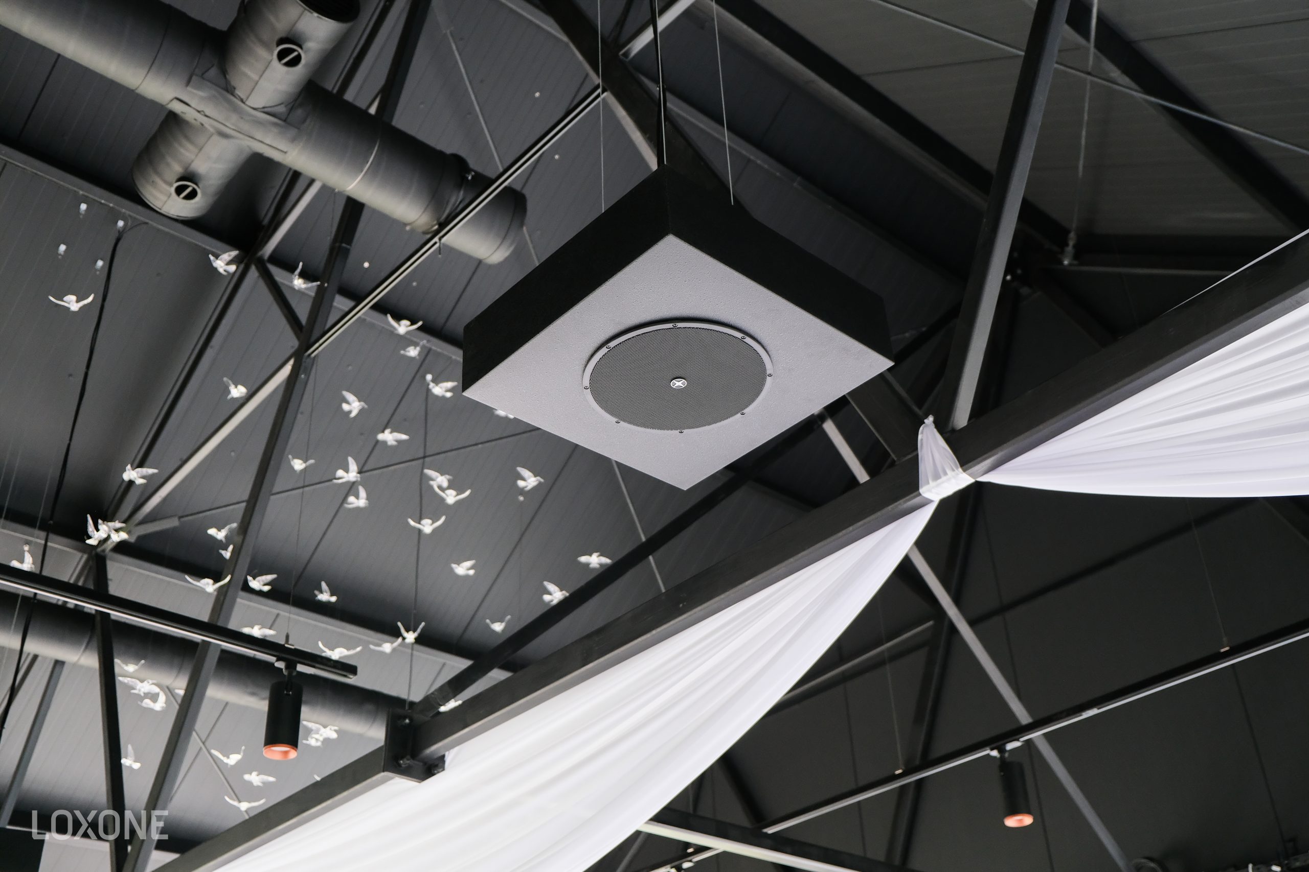 Głośnik od LOXONE podwieszony na suficie