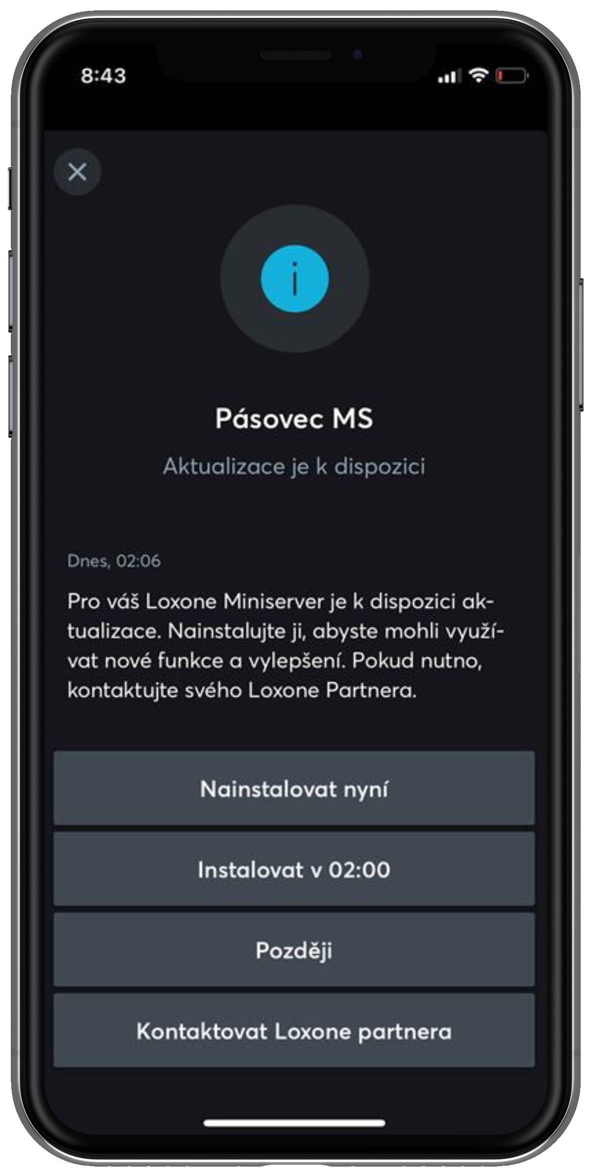 Okno aplikácie Loxone - Aktualizácia Miniservera 