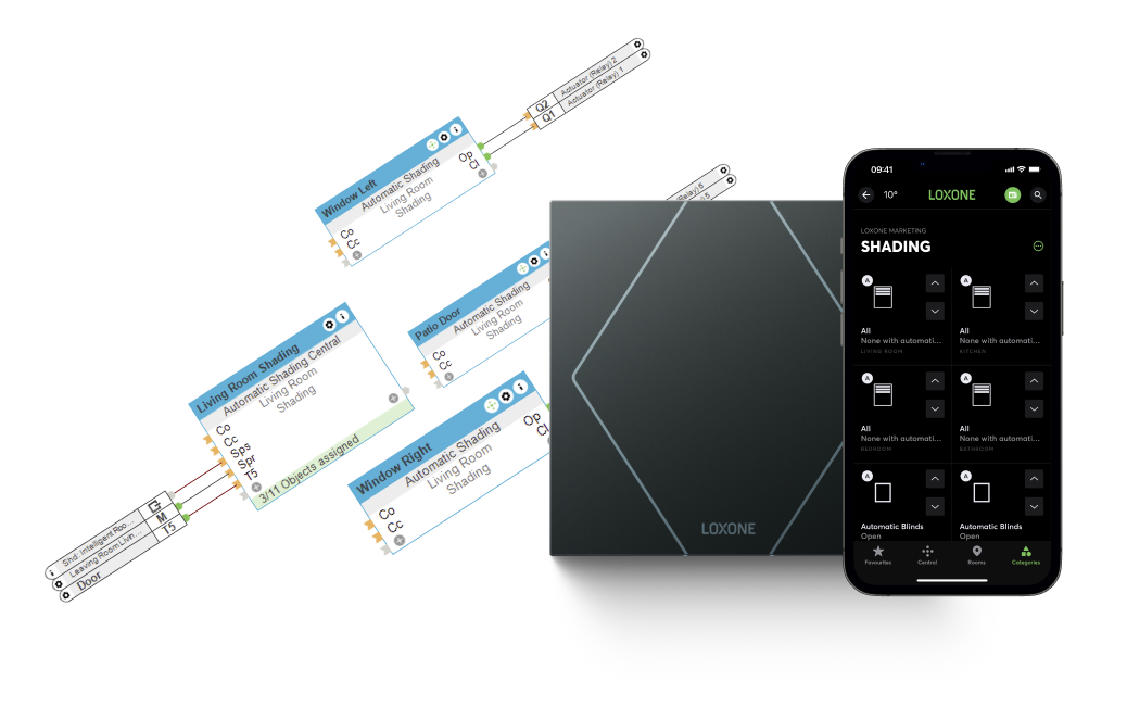 Ovládanie tienenia je možné vďaka konfigurácii v Loxone Configu, Touch Pure či aplikácii Loxone