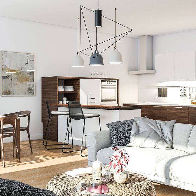 Сучасний інтерʼєр вітальні в розумному домі.